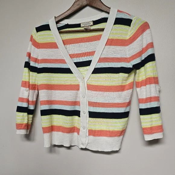 Arizona Jeans Y2k Cropped Roll Tab Sleeve Striped Cardigans Coral Green White - Picture 9 of 12